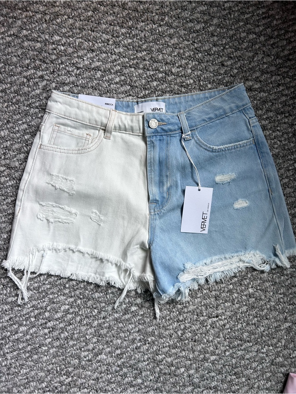 Vervet Two-Tone Frayed Denim Shorts in Light Blue & White
